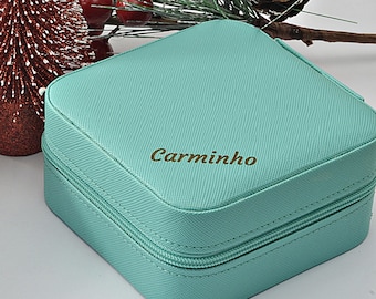 Personalized Travel Jewelry Box: Engraved Faux Leather Mini Jewelry Case
