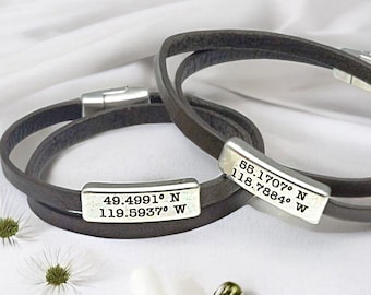 Personalized Coordinates Bracelet Set Couples His and Hers Matching Jewelry Engraved Couples Gift Personalized Leather Bracelet for Couples