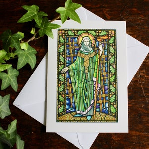 Irish Saint Greeting Card, Saint Brigid, Patron Saint of Healers, Imbolc Card, Stained Glass Design From Original Artwork, Irish Art