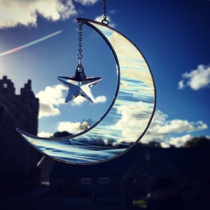 Celestial Stained Glass Crescent Moon and Star Suncatcher featuring Large Swarovski Crystal Star, Window Decoration, Rainbow Maker