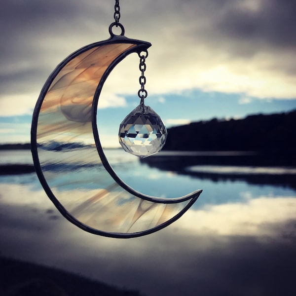 Stained Glass and Crystal Crescent Moon Sun Catcher