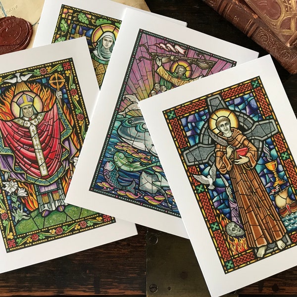 Stained Glass Greeting Cards Set from Original Artwork, Irish Saints, Blank Note Cards