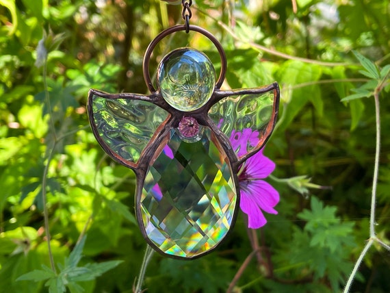 October Birthday Angel, Libra Gift, Pink Tourmaline Birthstone, Stained Glass Angel Suncatcher.