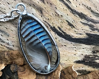 Small Blue Jay Feather Pendant, Real Feather Necklace on a Sterling Silver Rope Chain, Nature Lover Gift.