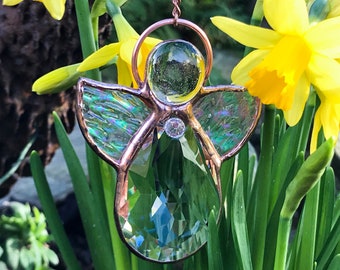 April Birthday Angel Suncatcher, Aries Starsign Gift, Guardian Angel, Diamond Birthstone, Stained Glass Angel