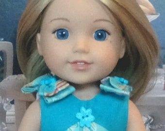 Blue Buttons and Bows Doll Dress for 14 inch Doll such as Wellie Wisher