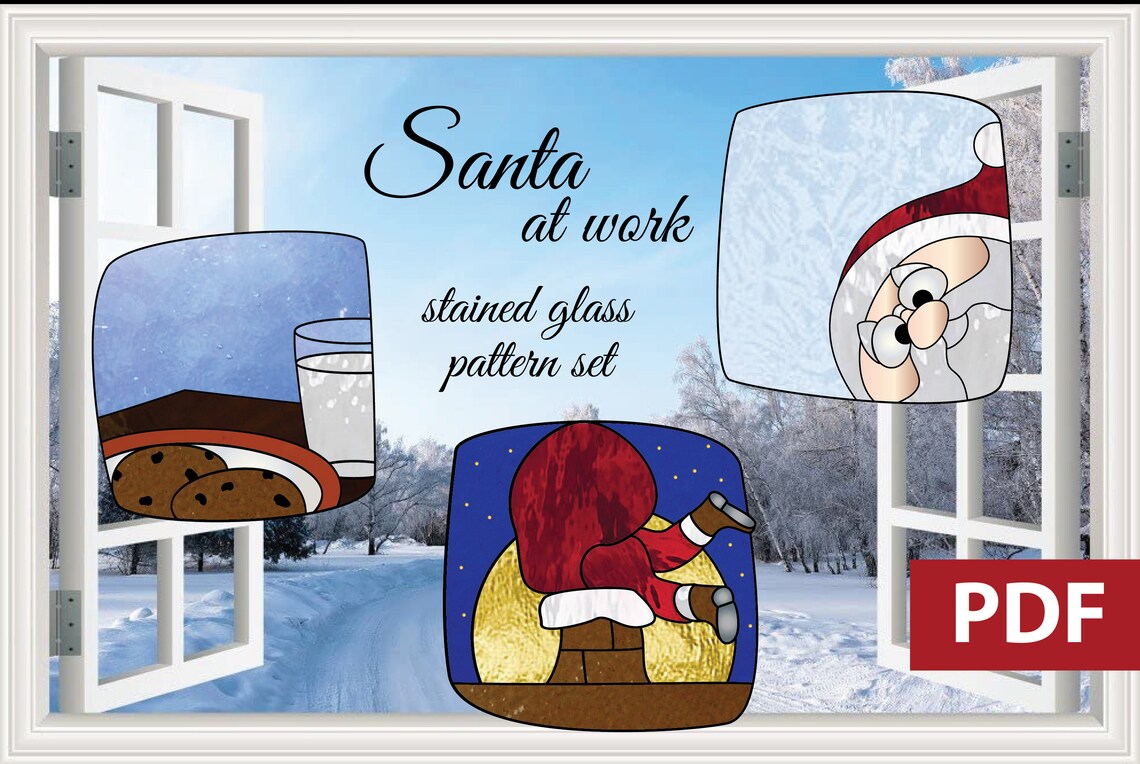 Stained Glass Pattern Set Pdf Download Santa Claus Christmas Suncatcher