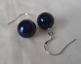 Pendientes de perlas, pendientes de perlas azul marino de 10 mm, pendientes de perlas de vidrio colgantes, joyería de boda, pendientes de dama de honor, regalo de fiesta de bodas