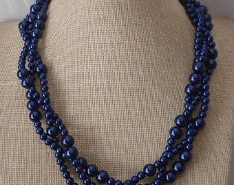 Navy Blue Pearl  Necklace,Triple Strands Pearl Necklace,Wedding Jewelry,18 Inches  Glass Pearl Necklace,Bridesmaid necklace,Pearl Necklace