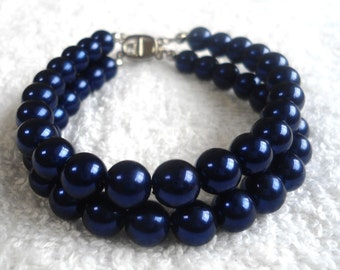 Navy Blue Pearl Bracelet,2 Strands Pearl Bracelet,,Wedding Jewelry,Pearl Jewelry,Bridesmaid Bracelet,Glass Pearl Bracelet,