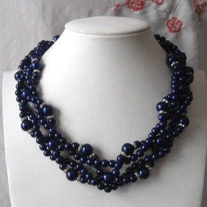 Navy Blue Pearl Necklace,Wedding necklace,Glass Pearl Necklace, Pearl Necklace,Wedding Jewelry,Bridesmaid necklace,Rhinestone Necklace,