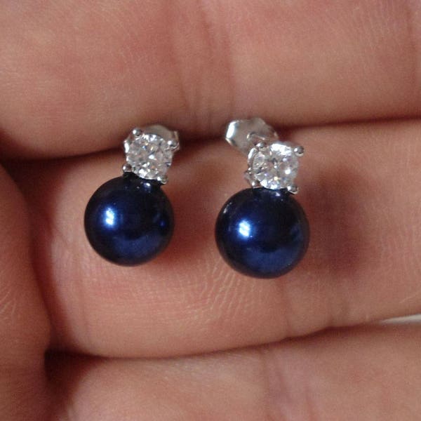6mm 8mm 10mm Navy Blue Pearl Earrings,Glass Pearl Stud Earrings, Pearl Earrings, Wedding Jewelry,Bridesmaid Earrings,Wedding Party Gift