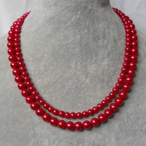 Red Pearl Necklace,2 Strands Necklace,Wedding Jewelry, Glass Pearl Necklace,18 Inches Pearl Necklace,Pearl Necklace,Bridesmaid Necklace