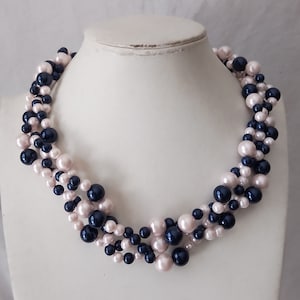 Colar de pérolas, colar de casamento, colar de pérolas de vidro, colar de pérolas rosa claro, joias de casamento, colar de dama de honra, colar azul marinho,