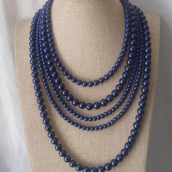 Navy Blue pearl Necklaces, Wedding necklace,pearl Necklace, 5 Strands bead Necklace,Wedding Jewelry,Glass pearl Necklace,pearl necklace