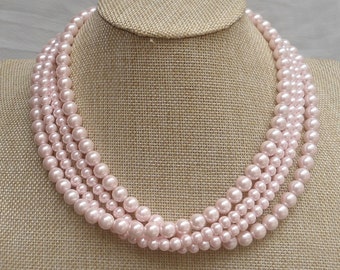 light pink  Necklace,Wedding Necklace, 4  Pearl Necklace,Wedding Jewelry,Glass Pearl Necklace,Bridesmaid necklace,Pearl Necklace,Jewelry