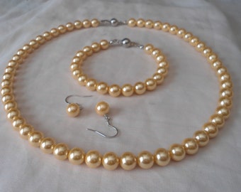 Conjuntos de pérolas douradas, colar de pérolas, pulseira de pérolas, brinco de pérola, colar de casamento, colar de dama de honra, joias de casamento, joias