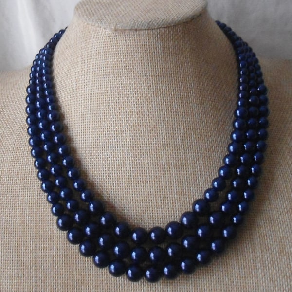 Navy Blue pearl Necklaces, Wedding necklace,pearl Necklace, 3 Strands bead Necklace,Wedding Jewelry,Glass pearl Necklace,pearl necklace