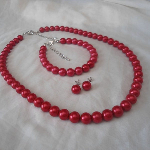 Ensembles de perles, collier de perles rouges, bracelet de perles rouges, perle de verre, collier de mariage, collier de demoiselle d’honneur, bijoux, collier de mariage