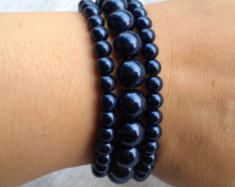Navy Blue Pearl Bracelet,Triple Strands Pearl Bracelet,,Wedding Jewelry,Pearl Jewelry,Bridesmaid Bracelet,Glass Pearl Bracelet,