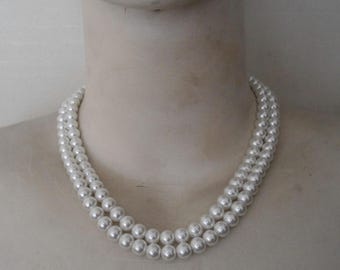 Perlenkette, weiße Perlenkette, zwei Strang 17-18 Zoll 8 mm Glasperlenkette, 2 Reihen Perlenkette, Hochzeitsschmuck