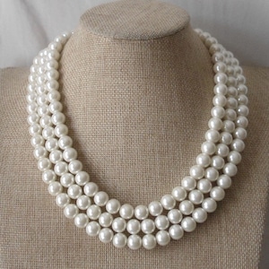 Pearl Necklace,  Ivory Pearl Necklace ,Glass Pearl Necklace,3 Strands Pearl Necklace,Wedding Jewelry,Bridesmaid necklace,Wedding necklace