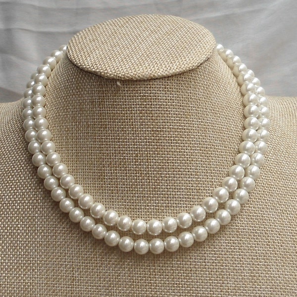 Pearl Necklace,Ivory pearl necklace,Two strand 17-18 Inches 8mm Glass Pearl Necklace, 2 Rows  Pearl Necklace,Wedding Jewelry