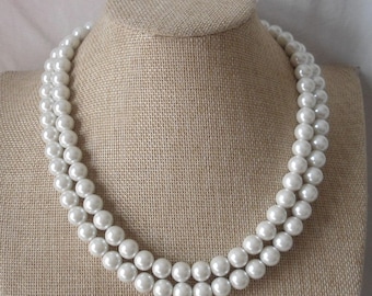Perlenkette, weiße Perlenkette, zwei Strang 19-20 Zoll 10 mm Glasperlenkette, 2 Reihen Perlenkette, Hochzeitsschmuck