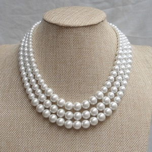Perlenkette, Elfenbein Perlenkette, Glasperlenkette, 3 Stränge Perlenkette, Hochzeitsschmuck, Brautjungfer Halskette,Hochzeitshalskette