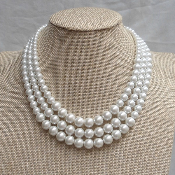 Pearl Necklace,  Ivory Pearl Necklace ,Glass Pearl Necklace,3 Strands Pearl Necklace,Wedding Jewelry,Bridesmaid necklace,Wedding necklace