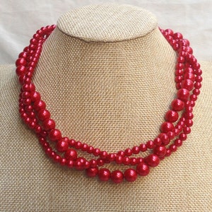 Red Pearl Necklace,3 Strands Necklace,Wedding Jewelry, Glass Pearl Necklace,18 Inches Pearl Necklace,Pearl Necklace,Bridesmaid Necklace