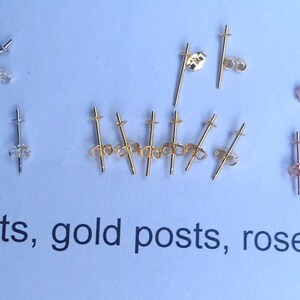 May include: An assortment of earring posts in silver, gold, and rose gold. The image shows various styles of posts with butterfly backs, ideal for jewelry making or replacement. Text on the image reads: Silver posts, gold posts, rose gold posts.