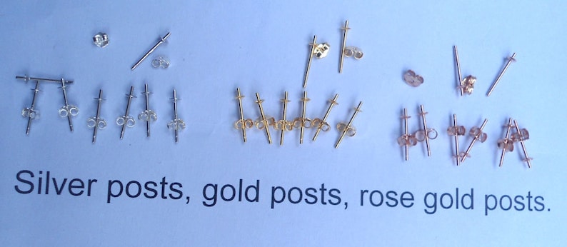 May include: An assortment of earring posts in silver, gold, and rose gold. The image shows various styles of posts with butterfly backs, ideal for jewelry making or replacement. Text on the image reads: Silver posts, gold posts, rose gold posts.