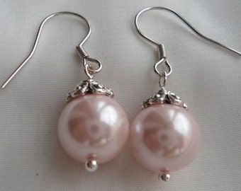 10mm Light pink Pearl Earrings,Glass Pearl Earrings,Dangle Pearl Earrings,Wedding Jewelry,Bridesmaid Earrings,Wedding Party Gift
