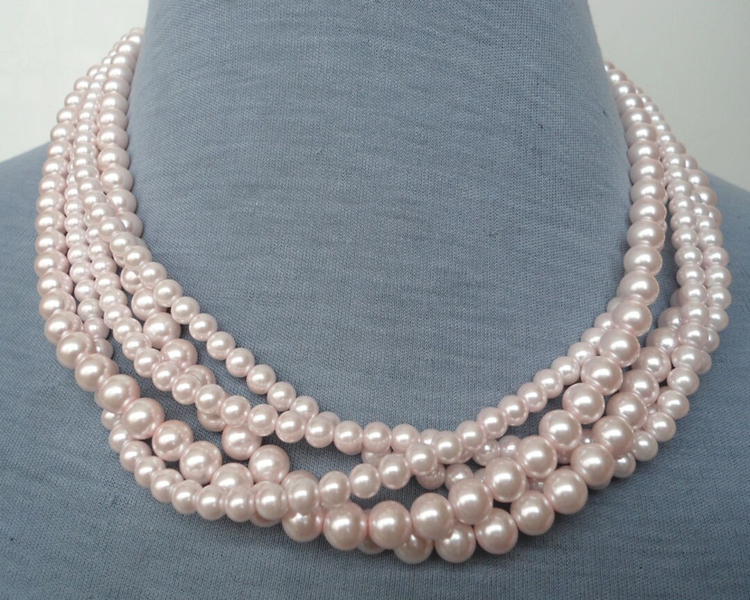Light Pink Pearl Necklace,5 Strands Pearl Necklace,wedding