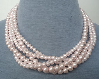 Light pink Pearl Necklace,5 Strands Pearl Necklace,Wedding Jewelry,18 Inches Glass Pearl Necklace,Bridesmaid necklace,Pearl Necklace,Jewelry