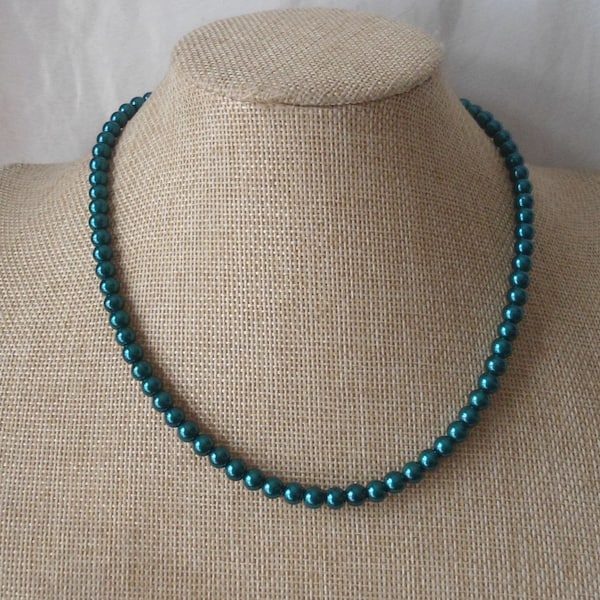 6mm Pearl Necklace,Teal Single Pearl Necklace,Wedding Necklace,Bridesmaid  Necklace, Glass Pearl Jewelry,Wedding Gift, Pearl Necklace,