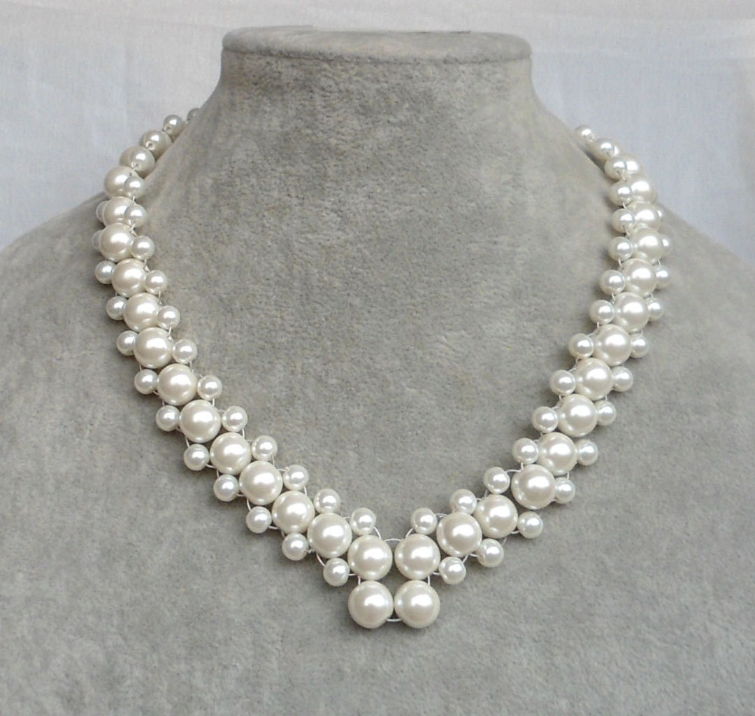 Ivory Pearl Necklace,wedding Necklace,glass Pearl Necklace,triple Pearl ...