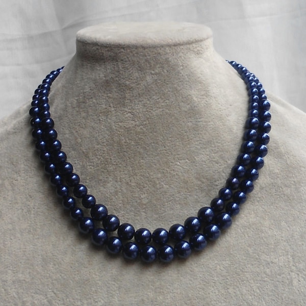 Navy Blue pearl Necklaces, Wedding necklace,pearl Necklace, Two Strands bead Necklace,Wedding Jewelry,Glass pearl Necklace,pearl necklace