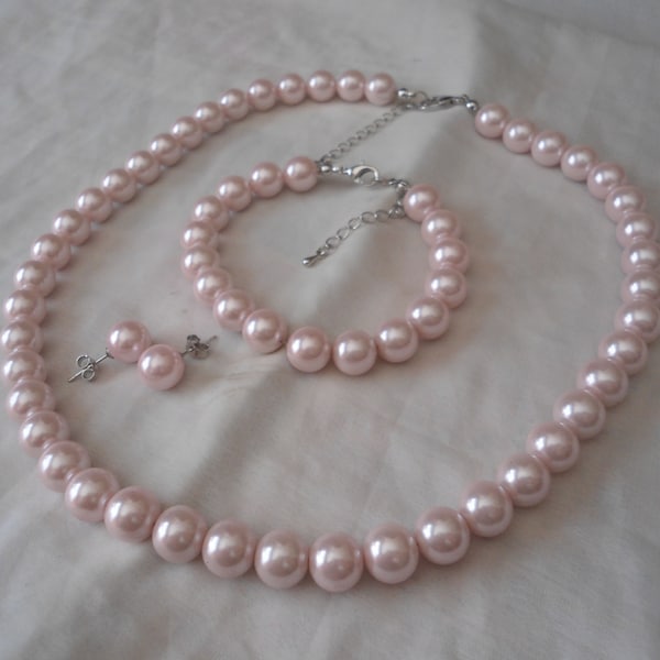 Ensembles de perles rose clair, collier de perles, bracelet de perles, boucle d'oreille, perle de verre, collier de mariage, collier de demoiselle d'honneur, bijoux de mariage, bijoux