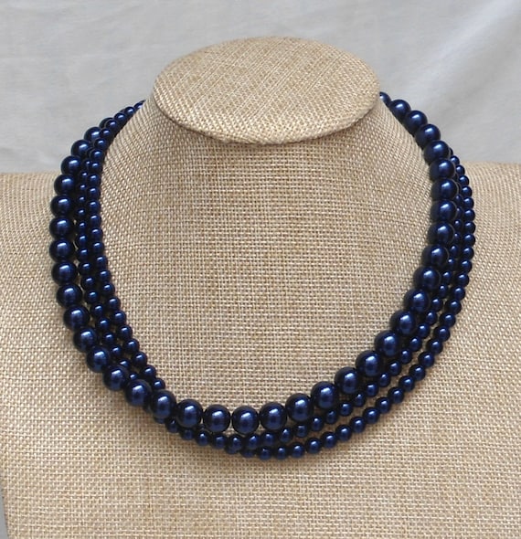 Navy Blue Pearl Necklace,Triple Strands Pearl Necklace,Wedding Jewelry,18  Inches Glass Pearl Necklace,Bridesmaid necklace,Pearl Necklace