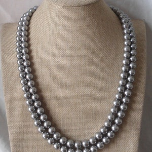 Perlenkette,Graue Perlenkette,Zwei Stränge 24-25 Zoll 10mm Glasperlen Halskette,2 Reihen Perlen Halskette,Hochzeit Schmuck