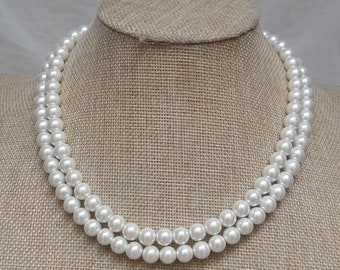 Perlenkette, weiße Perlenkette, zwei Strang 17-18 Zoll 8 mm Glasperlenkette, 2 Reihen Perlenkette, Hochzeitsschmuck