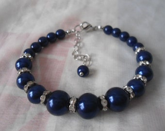 Navy Blue Pearl Bracelet,pearl And Rhinestone Bracelet,pearl Bracelet,Wedding Jewelry,Pearl Jewelry,Bridesmaid Bracelet,Rhinestone Bracelet,
