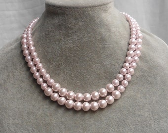 Light Pink Pearl Necklacetwo Strand Pearl Necklaceglass - Etsy