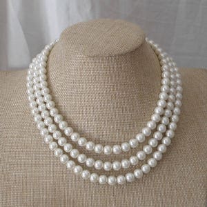 Perlenkette, Elfenbein Perlenkette, Glasperlenkette, 3 Stränge Perlenkette, Hochzeitsschmuck, Brautjungfer Halskette,Hochzeitshalskette