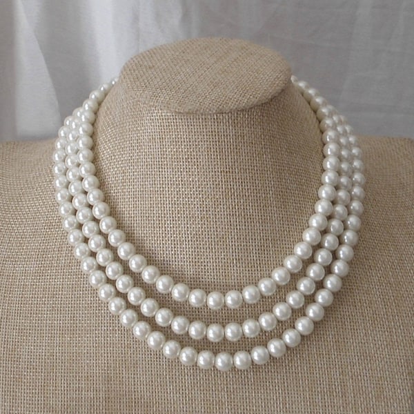 Pearl Necklace,  Ivory Pearl Necklace ,Glass Pearl Necklace,3 Strands Pearl Necklace,Wedding Jewelry,Bridesmaid necklace,Wedding necklace