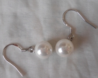 8mm Pearl white Pearl Earrings,Pearl white Pearl Earring, Pearl Earrings,Wedding Jewelry,Bridesmaid Earrings,Wedding Gift,Dangle Earring