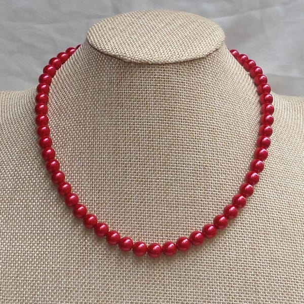 red pearl necklace,8mm pearl necklace,necklace,wedding necklace,bridesmaid  necklace, Glass pearl jewelry,wedding gift, Pearl Necklace,