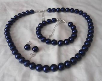 Blue Mix Glass Faux Pearl Long Necklace Earring Set Blue Mix Glass Faux Pearl Long Necklace Earring Set